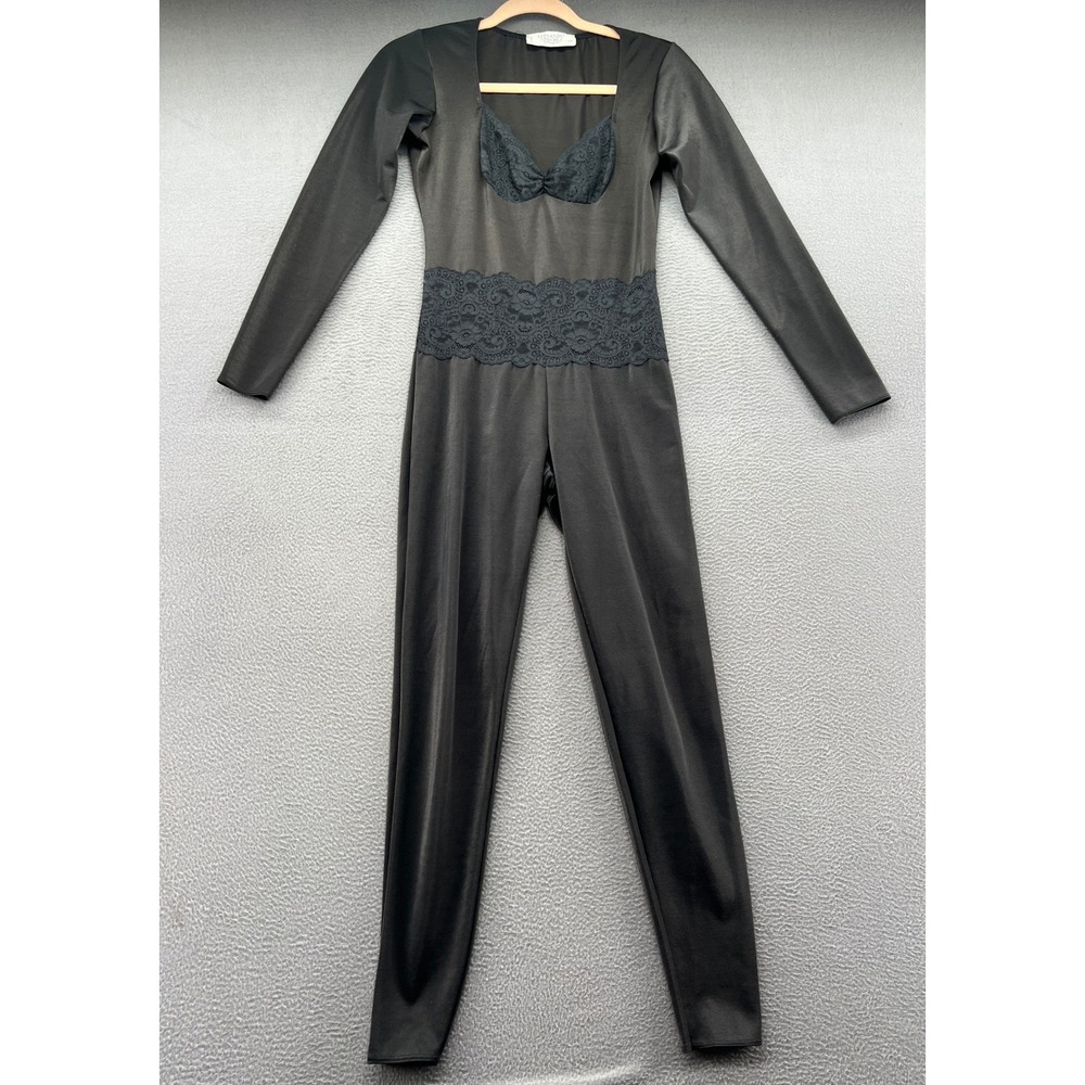 VTG Fernando Sanchez Vanity Fair Jumpsuit S Black Lace Trim Long Sleeve Leotard
